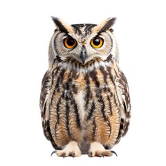 Naklejka premium 白い背景に茶色と白の羽を持つフクロウのポートレート