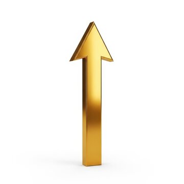 Flecha dorada 3D hacia arriba aislada sobre fondo blanco.