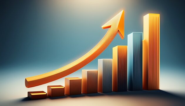 a 3d graphic of an upward trending bar chart with a curved arrow representing increasing sales and success