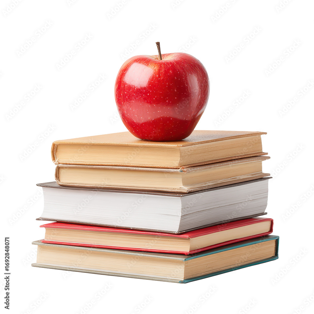 Aufkleber stack of colorful books topped with a shiny red apple resting on a white background creating a class