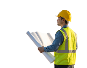 Civil Engineer in Yellow Helmet Overlooking Bridge Construction Site, Side View, isolated on transparent background png