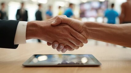 Digital signature closeup on tablet screen with athletes focused hand blurred handshake and NIL day decorations softly framing the scene. - Powered by Adobe