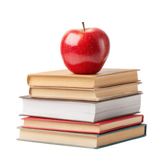 Stack of colorful books topped with a shiny red apple resting on a white background creating a classic learning theme