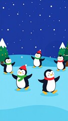 Cute penguins in Christmas hats on ice, snowy night