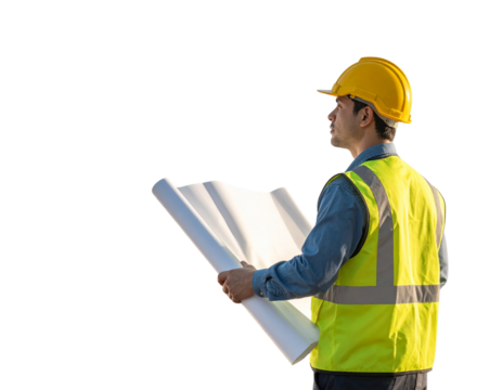  Civil Engineer in Yellow Helmet Overlooking Bridge Construction Site, Side View, isolated on transparent background png