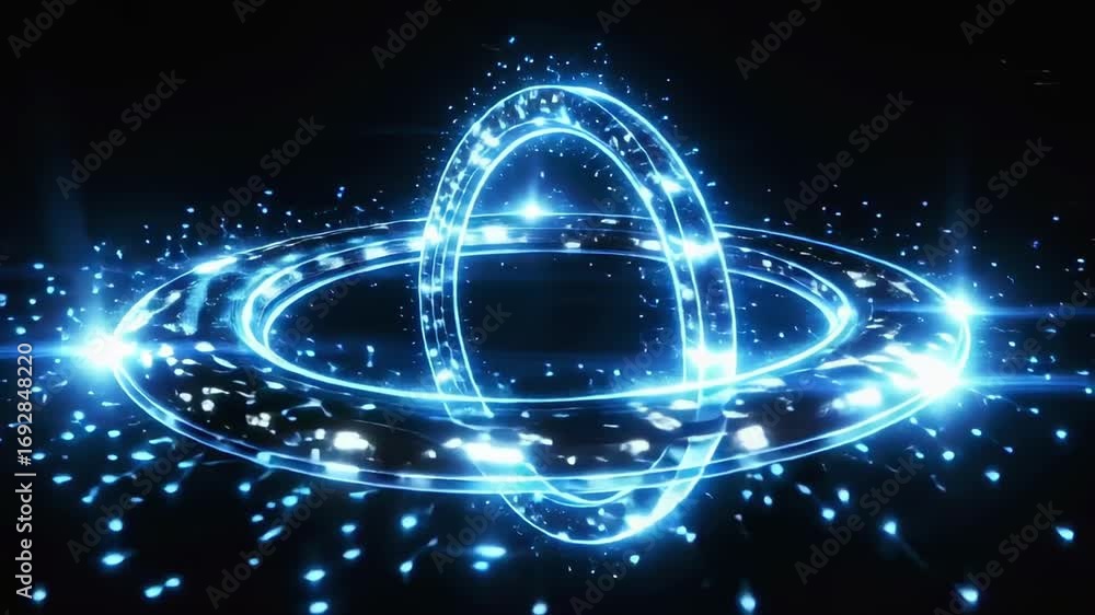 Poster futuristic technology background with glowing blue rings and particles motion graphics loop