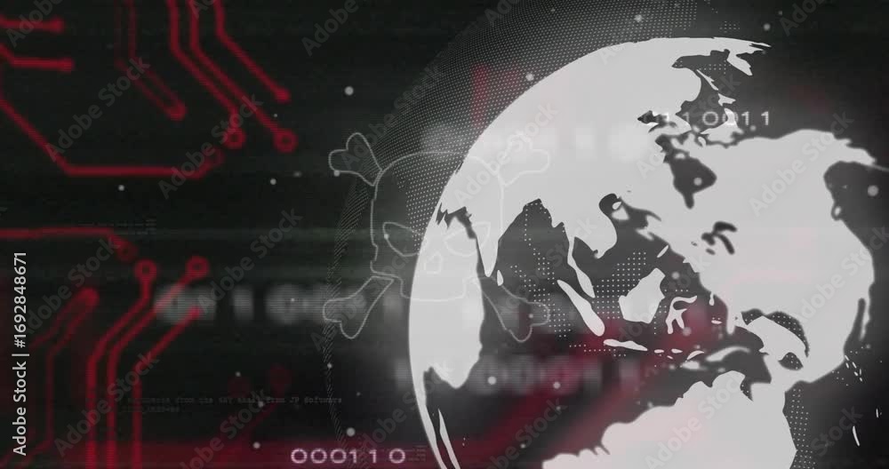 Aufkleber dark digital ui opening globe rotating code drifting skull icon emerging signaling cyber threat