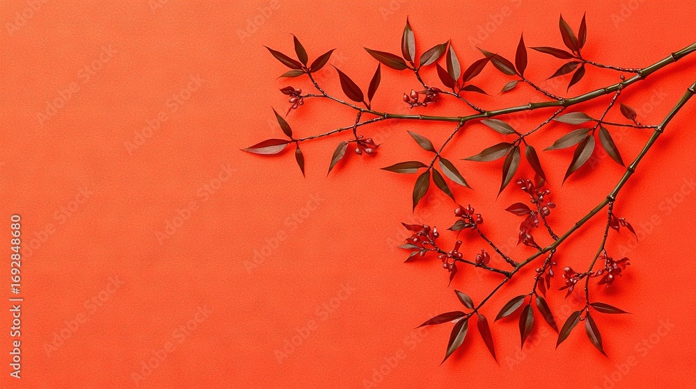 Poster orange-backgrounded tree branch adorned with red flowers and space for text/image insertion