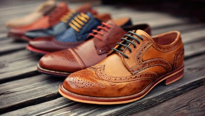 Stylish leather brogues and dress shoes in various colors displayed on a weathered wooden surface.