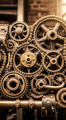 Fototapeta premium Closeup of intricate steampunk gears and cogs machinery for mechanical engineering design projects