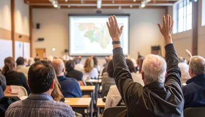 Audience raising hands in a large conference room