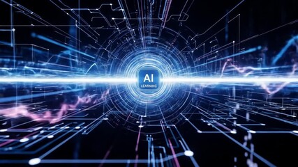 An AI LEARNING logo centers a digital tunnel of blue  white lines resembling circuits Light radiates from the logo creating depth and motion - Powered by Adobe