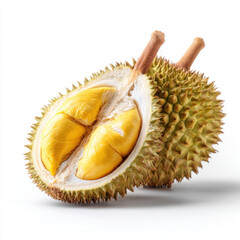 Fototapeta premium Sliced Durian Fruit with Spiky Skin on White Backdrop