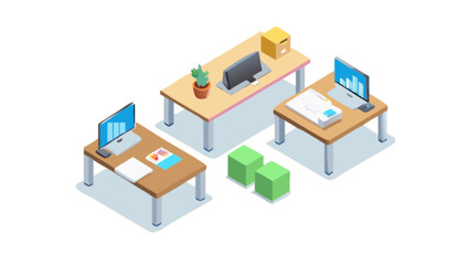 Obraz premium Isometric office desks with computers and plants