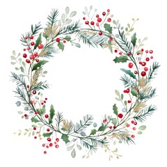水彩のクリスマスリースと赤いベリー 白い背景の植物の緑の枝とホリーの葉と季節のお祝い