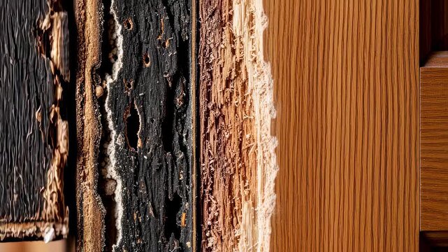 Crosssection view of rotted door jamb filler removed beside healthy wood showing decay progression in wooden frames.