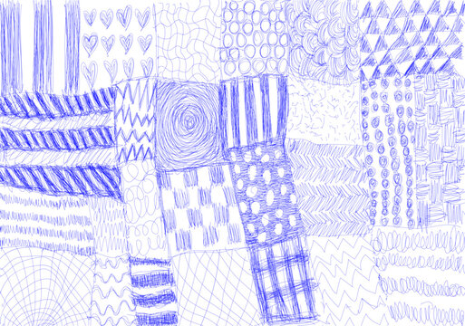 A set of patterns drawn by hand with a blue ballpoint pen.
Suitable for backgrounds, textile design, packaging, web design, scrapbooking paper