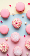 Obraz premium Pink macarons dessert photography pastel background sweet treats confectionery baking food styling delicious