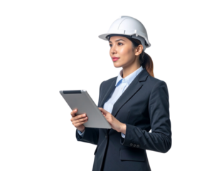 Engineer with Tablet Inspecting Skyscraper Development, Angled View, isolated transparent background png