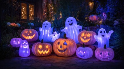 Illuminated Halloween pumpkins and ghosts arranged on a stone patio at night, glowing softly against a backdrop of a house and garden