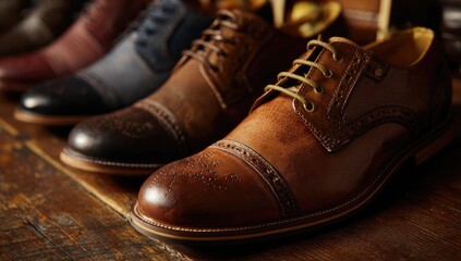 Close-up view of various stylish leather brogues displayed on a rustic wooden surface, showcasing rich brown tones and intricate detailing.