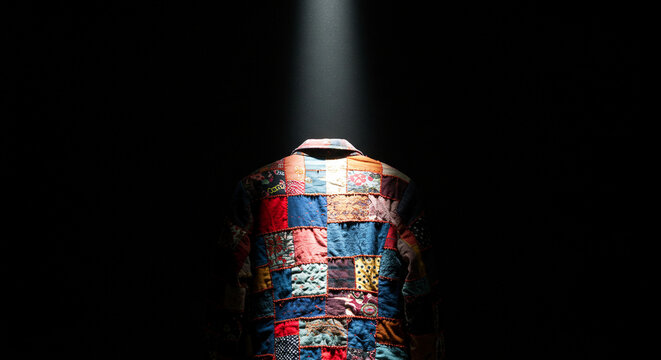 Colorful patchwork jacket illuminated by a spotlight on dark background  