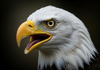 Fototapeta premium Potret elang botak megah yang menampilkan tatapan mata dan kekuatan yang intens, ideal untuk tema patriotik dan proyek satwa liar