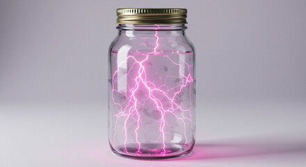 Glass jar containing pink lightning against a white background  