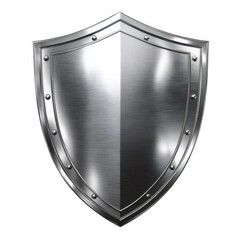 シルバーメタリック仕上げの孤立した中世の盾が輝きを放ち白背景に配置された静止画