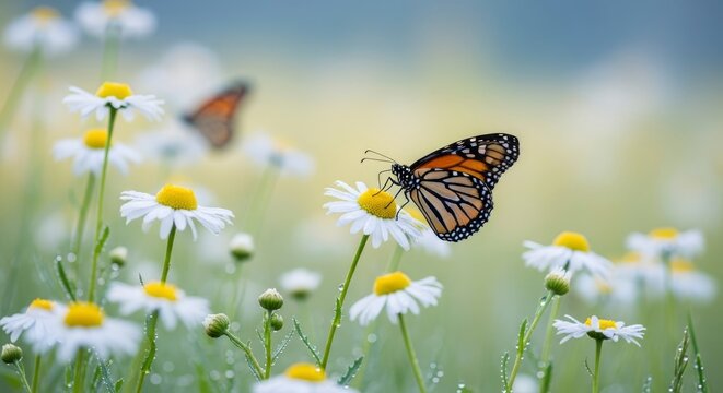 A vibrant butterfly perches on a white daisy covered in dew drops with many other daisies and a blurred butterfly in a bright soft-focus field