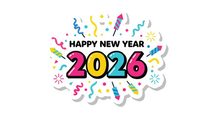 Vibrant Happy New Year 2026 celebration banner with festive fireworks, confetti, and colorful typography element