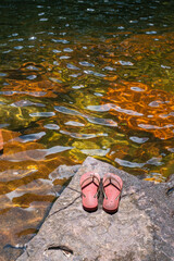 A pair of red flip-flops rest on a sun-drenched rock at the edge of a vibrant, colorful stream. A...