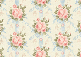 Charming vintage floral pattern with soft pink roses and delicate blue ribbons, perfect for elegant decor