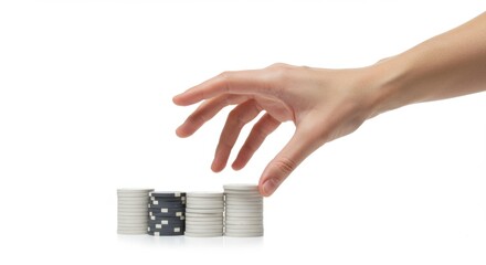 Reaching Hand with Stacked Game Chips on White