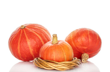Ripe sweet pumpkins isolated on white background, close-up.
