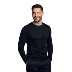 Fototapeta premium Smiling handsome man in black long sleeve shirt confidently posing for camera studio portrait transparent background