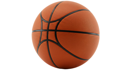 A single textured orange basketball with black lines isolated on a black background