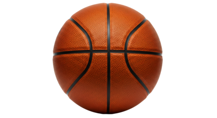 Close up studio shot of a textured orange basketball with black lines against a solid black background