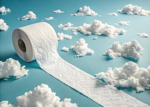 Toilet Paper Roll Unraveling into Clouds in Soft Blue Sky