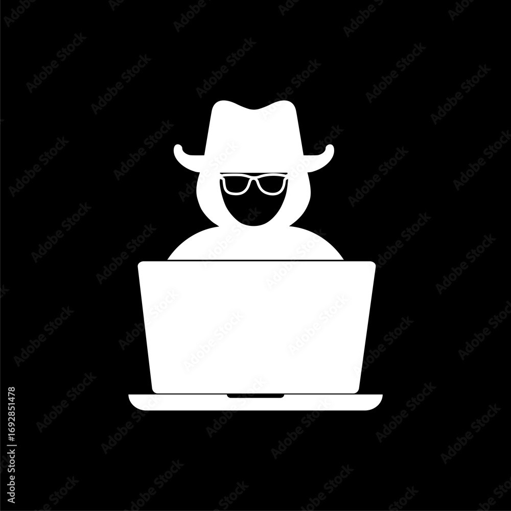 Poster computer hacker with laptop icon isolated on black background