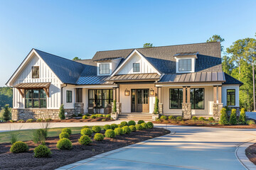 A modern southern home with clean lines, a welcoming front porch with stylish light fixtures, and a combination of stone and siding on the exterior. 