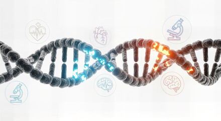 Abstract 3d rendering of a dna double helix with glowing particles and scientific icons, symbolizing genetics and biotechnology, isolated on white background