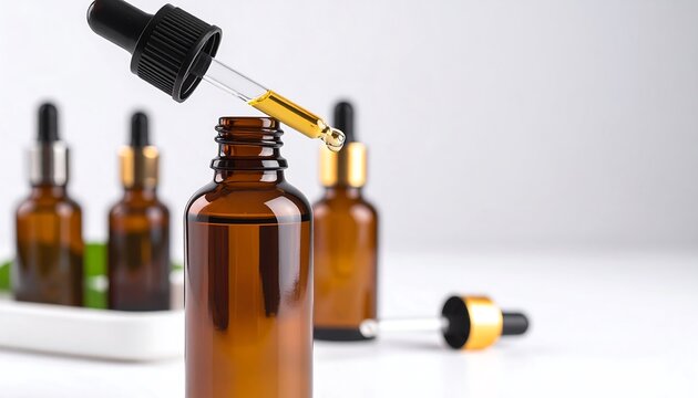 Amber glass bottles with a dropper, skincare or essential oil