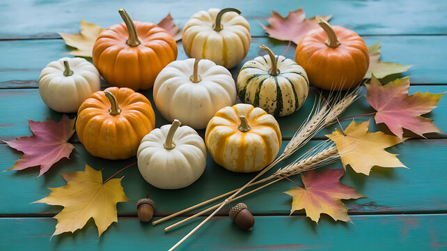 Autumn's Bounty A Colorful Array of Pumpkins, Leaves, and Acorns on a Rustic Teal Wood Surface - Powered by Adobe