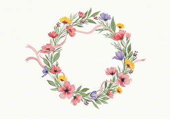 Fototapeta premium Elegant floral wreath with watercolor flowers and ribbon creates a delicate, charming frame element