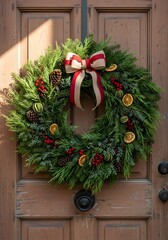 A lush christmas wreath with a striped bow and dried orange slices on a wooden door