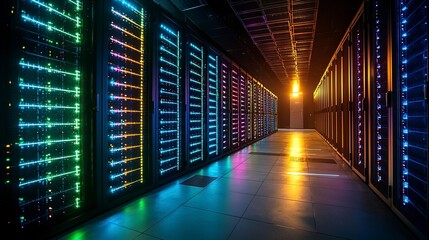 Fototapeta premium A data center hallway showcases server racks with colorful illumination