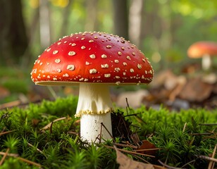 Close-up of a vibrant red mushroom in a forest