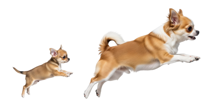 Adult chihuahua and its playful puppy are caught in mid-jump, displaying their lively and energetic nature in a bright, isolated space. They embrace fun and joy together.