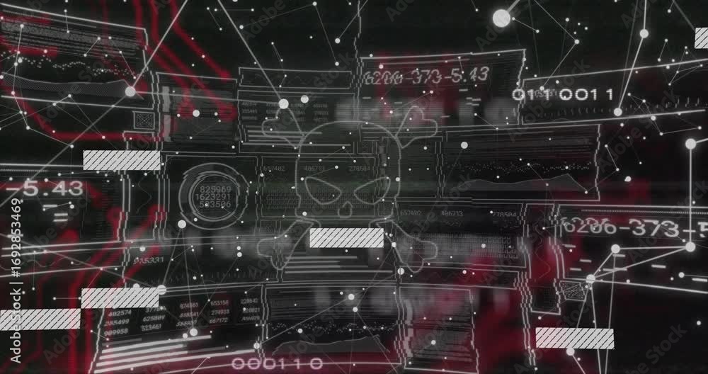 Poster flickering lines forming network grid, panels and bars sliding, skull icon pulsing signaling alert